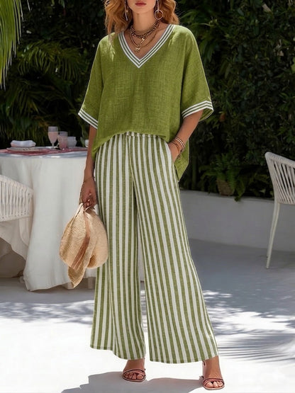 Casual Two-Piece Set: Striped Linen and Cotton Patchwork Top and Striped Trousers with Look Put Together in 5 Seconds