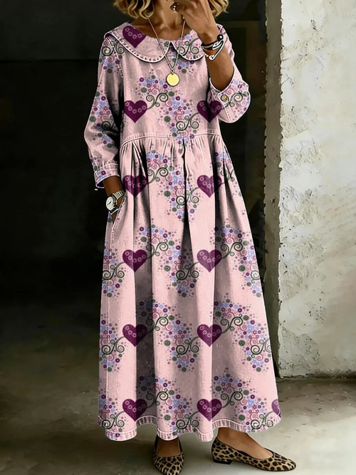 Retro Multicolor Love Art Splicing Long-Sleeved Loose-Fitting Casual Denim Dress