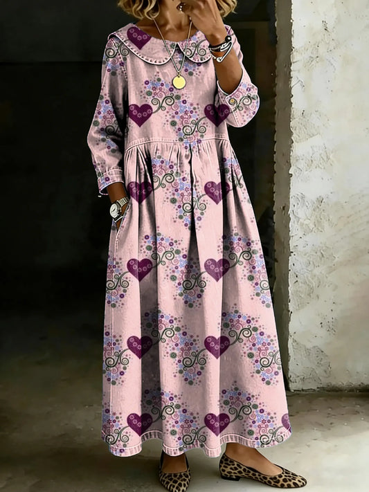 Retro Multicolor Love Art Splicing Long-Sleeved Loose-Fitting Casual Denim Dress