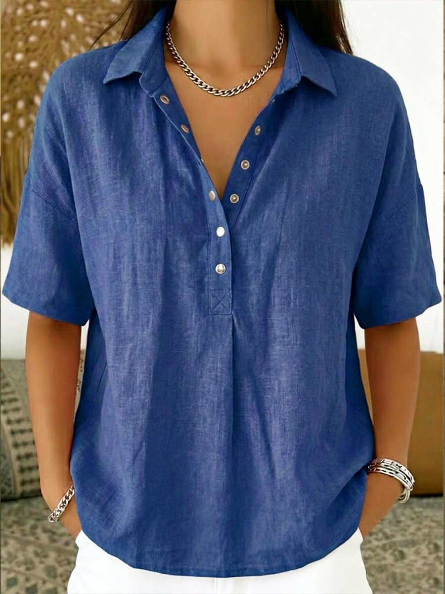 Cotton Linen Polo Shirt with Casual Short-Sleeve Summer Top