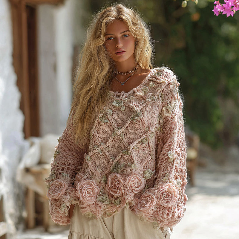 Boho Rose Chunky Knit Crew Neck Aran Sweater