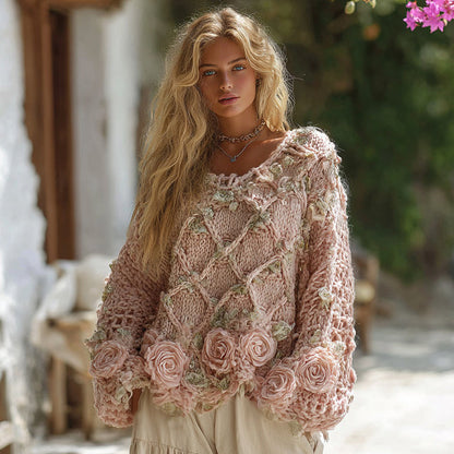 Boho Rose Chunky Knit Crew Neck Aran Sweater