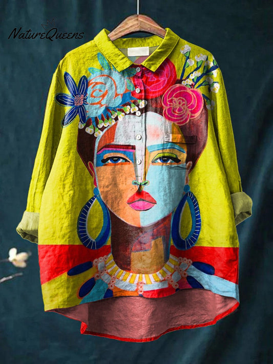 Oil Painting Freda Portrait Art Printed Casual Cotton and Linen Shirt