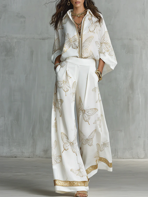 Casual Elegant Gold Butterfly Print Loose Two-Piece Set