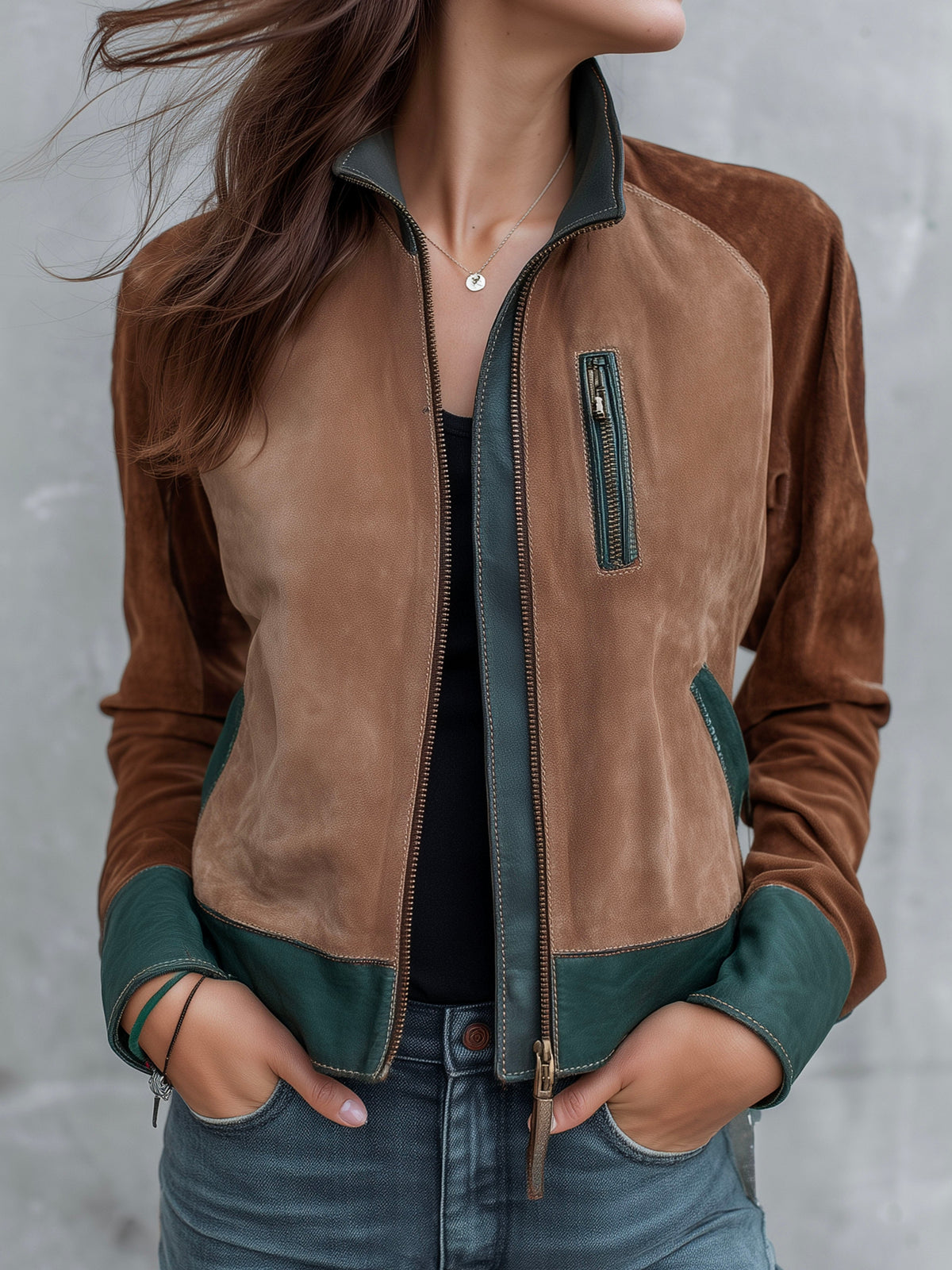 Retro Colorblock Zip-Up Microsuede Leather Jacket