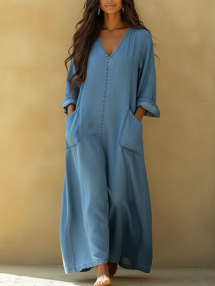 Casual V-Neck Loose Denim Dress