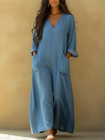 Casual V-Neck Loose Denim Dress