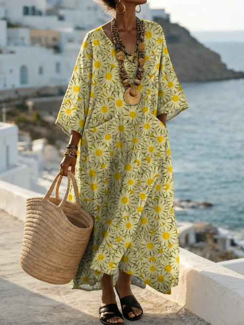 Vintage Floral Pattern Art Print Casual Cotton Dress