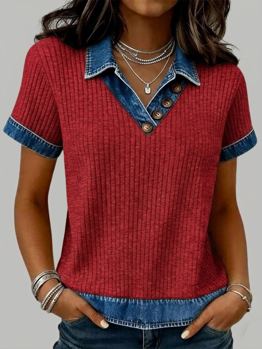 Casual Patchwork Denim Short-Sleeved Knit Top