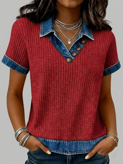 Casual Patchwork Denim Short-Sleeved Knit Top