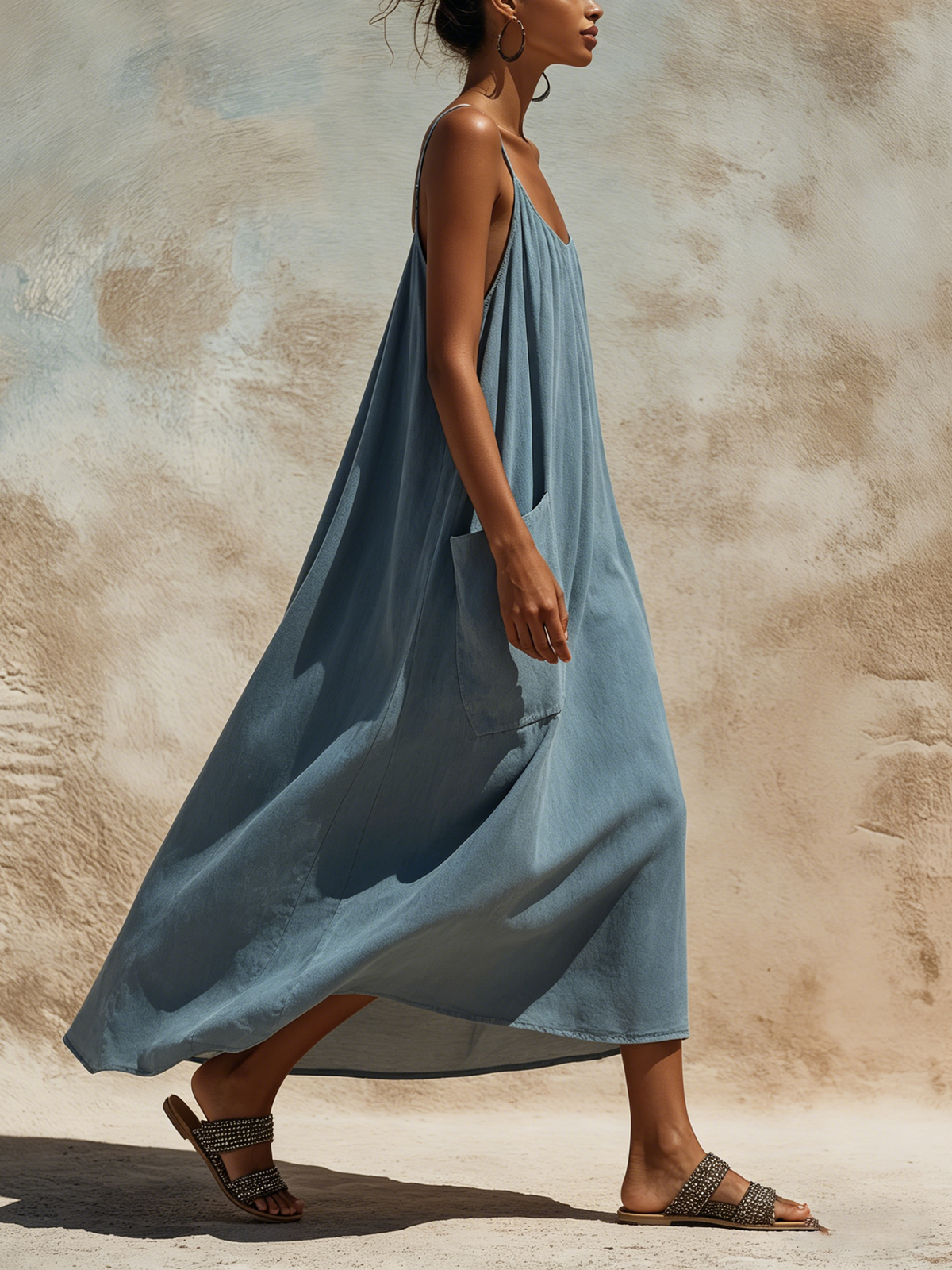 Slate Blue Linen-Blend Maxi Slip Dress with Oversized Pocketed Casual Dress