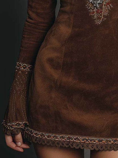 Vintage Brown Suede Mini Dress with Embroidered Detailing