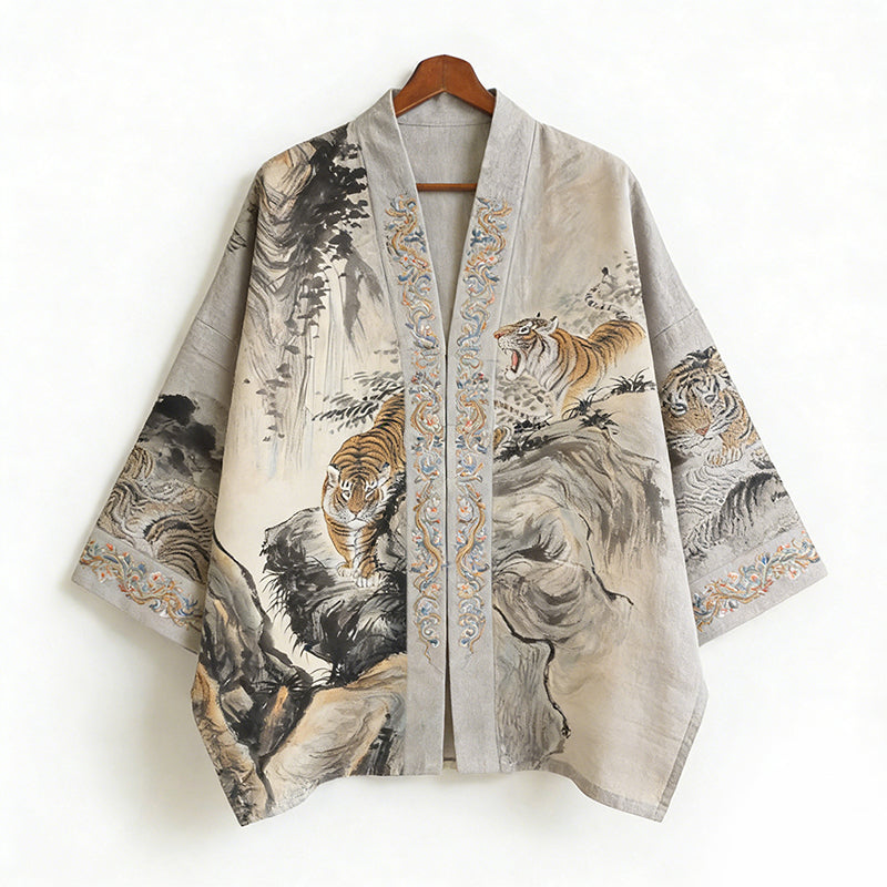 Landscape Painting and Tiger Art Pattern Linen Kimono Cardigan