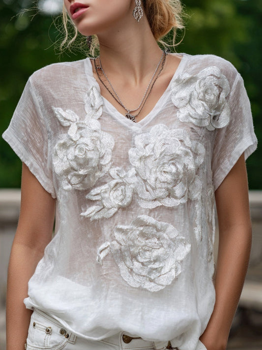 Vintage White Roses Embroidered V-Neck Linen T Shirt