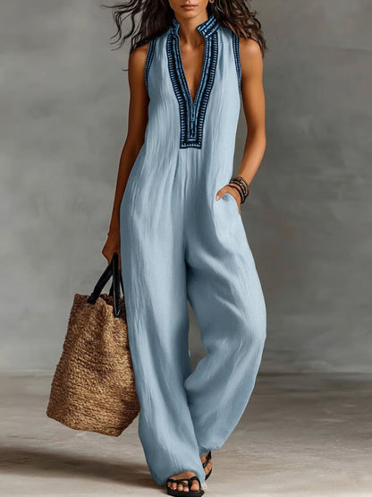 V-Neck Sleeveless Casual Loose Cotton and Linen Jumpsuit