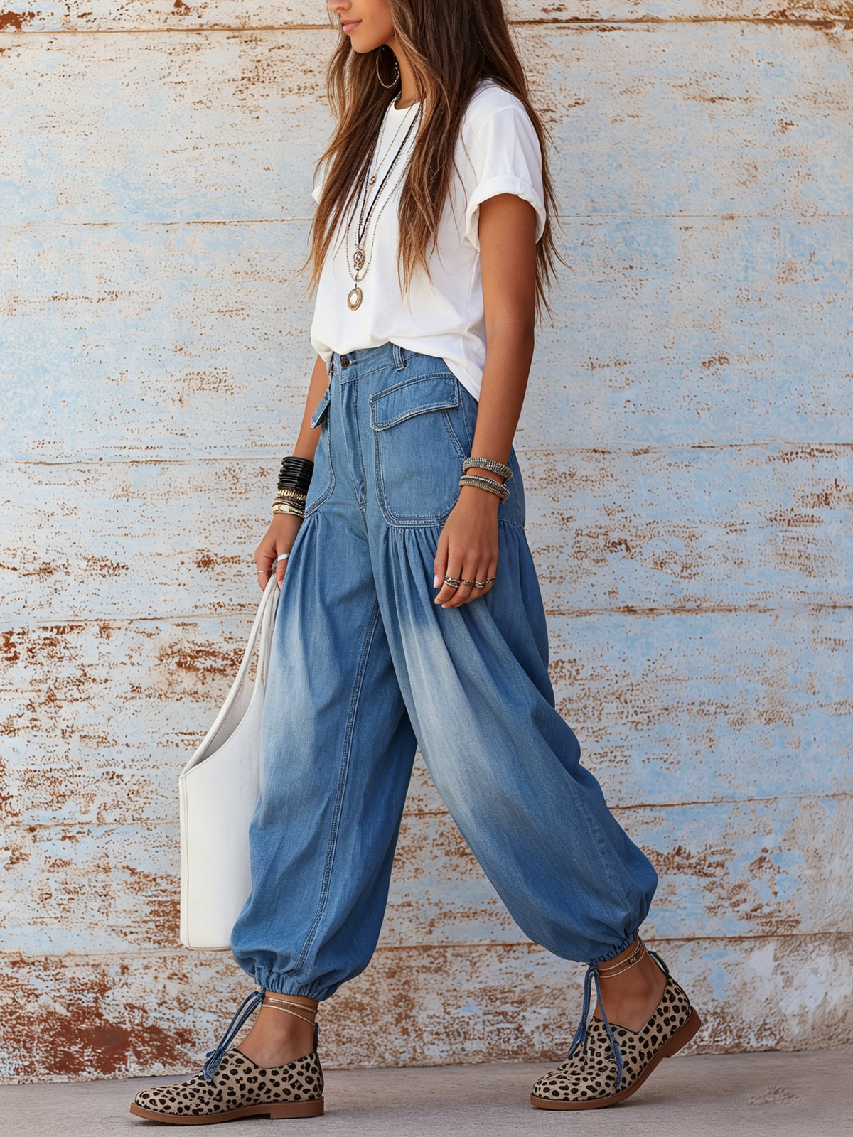 High-Waisted Gradient Denim Harem Pants with Drawstring Cuffs