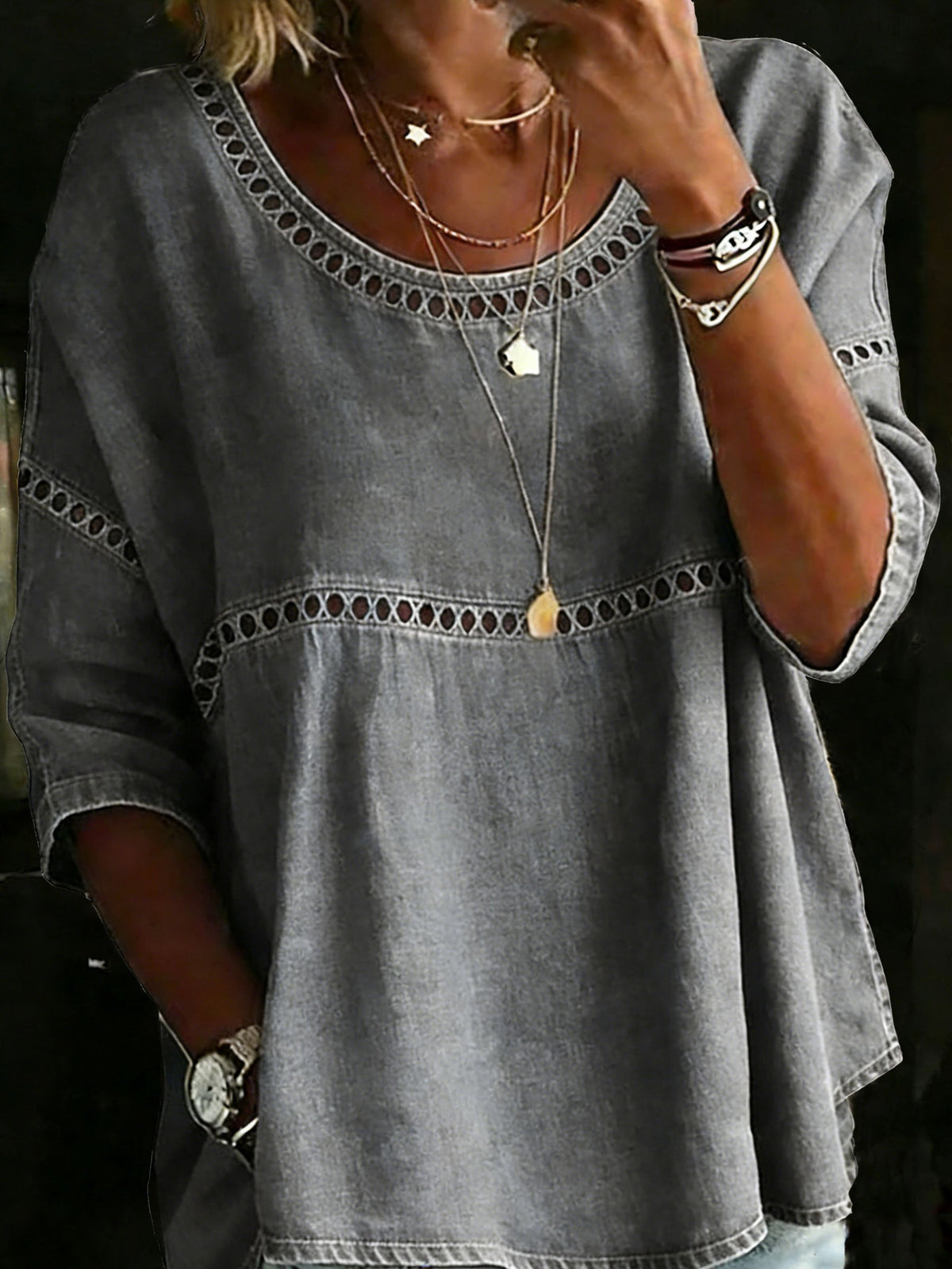 Solid Color Casual Loose Denim Blouse Shirt