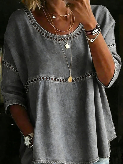 Solid Color Casual Loose Denim Blouse Shirt