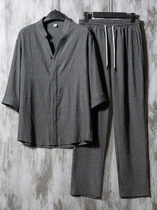 Vintage Linen Solid V-Neck Half Sleeves Shirt and Pants Two-Piece Set