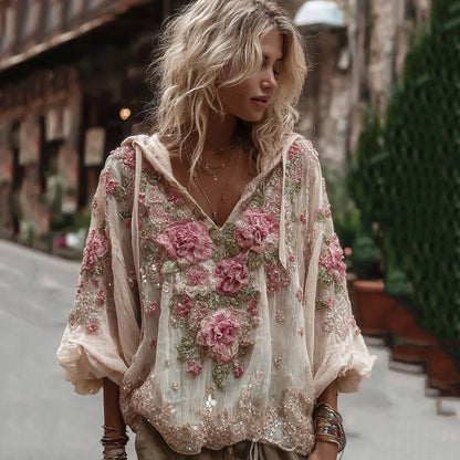 Vintage Floral Embroidery Warm V-Neck Hoodie
