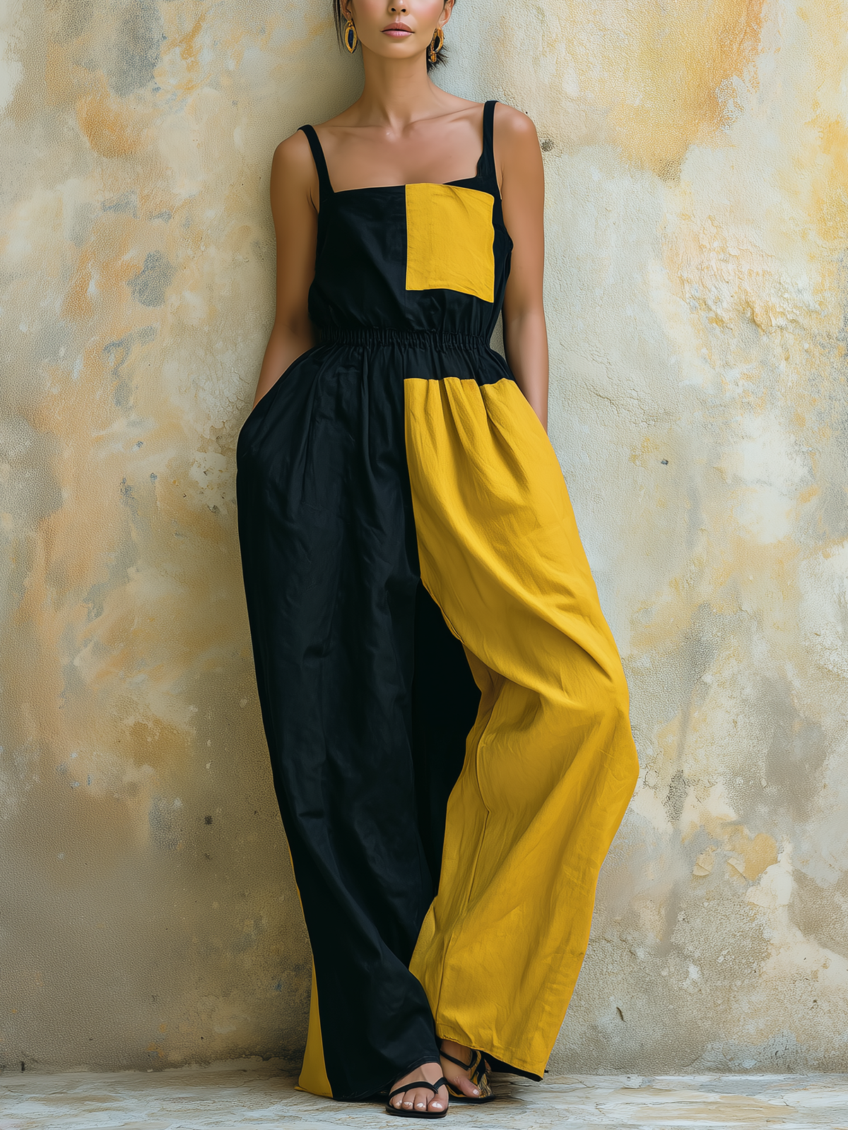 Black and Yellow Colorblock Sleeveless Wide-Leg Jumpsuit