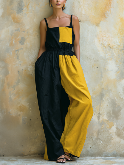Black and Yellow Colorblock Sleeveless Wide-Leg Jumpsuit