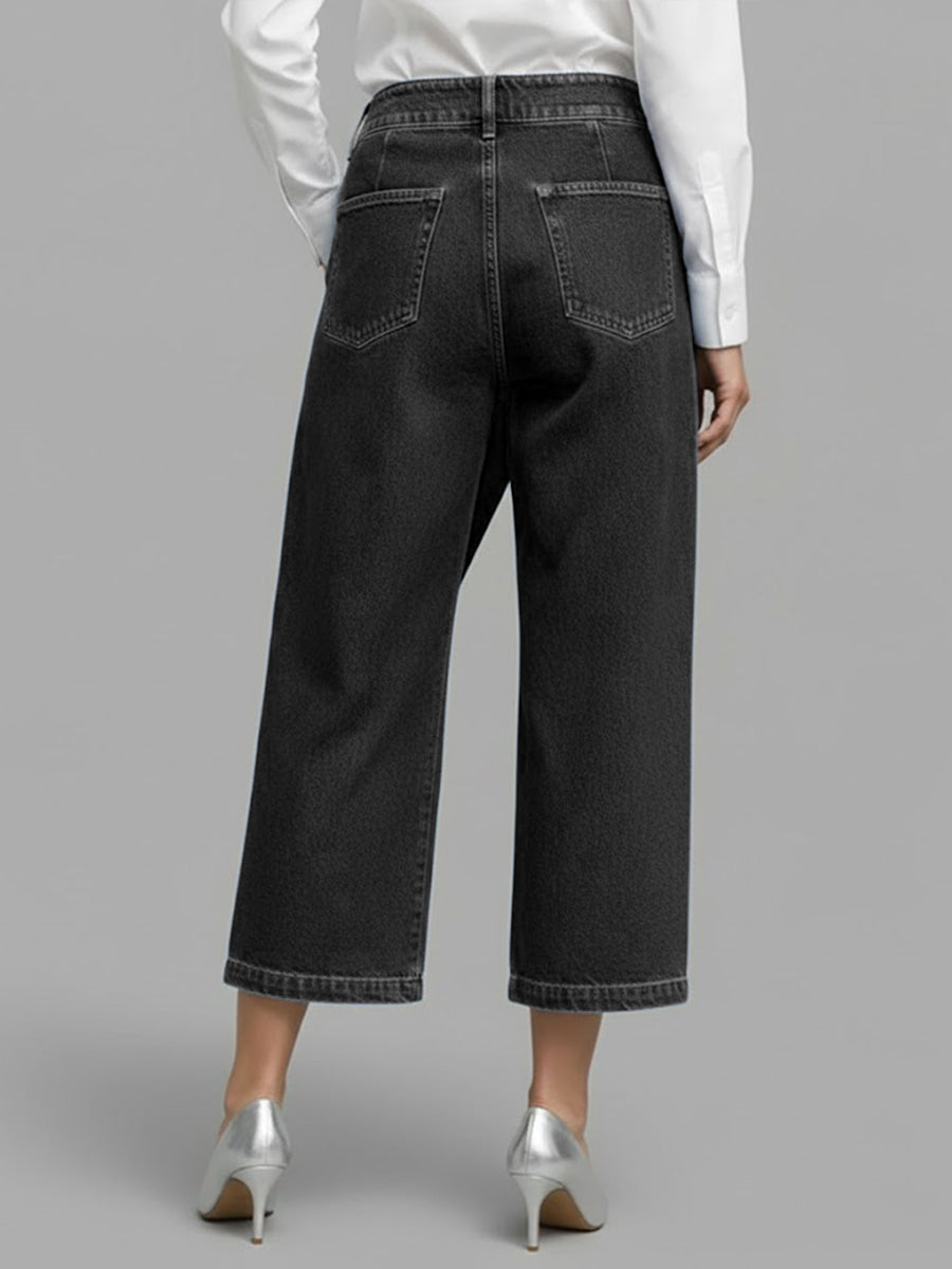 High-Waisted Loose-Fitting Cropped Wide-Leg Jeans