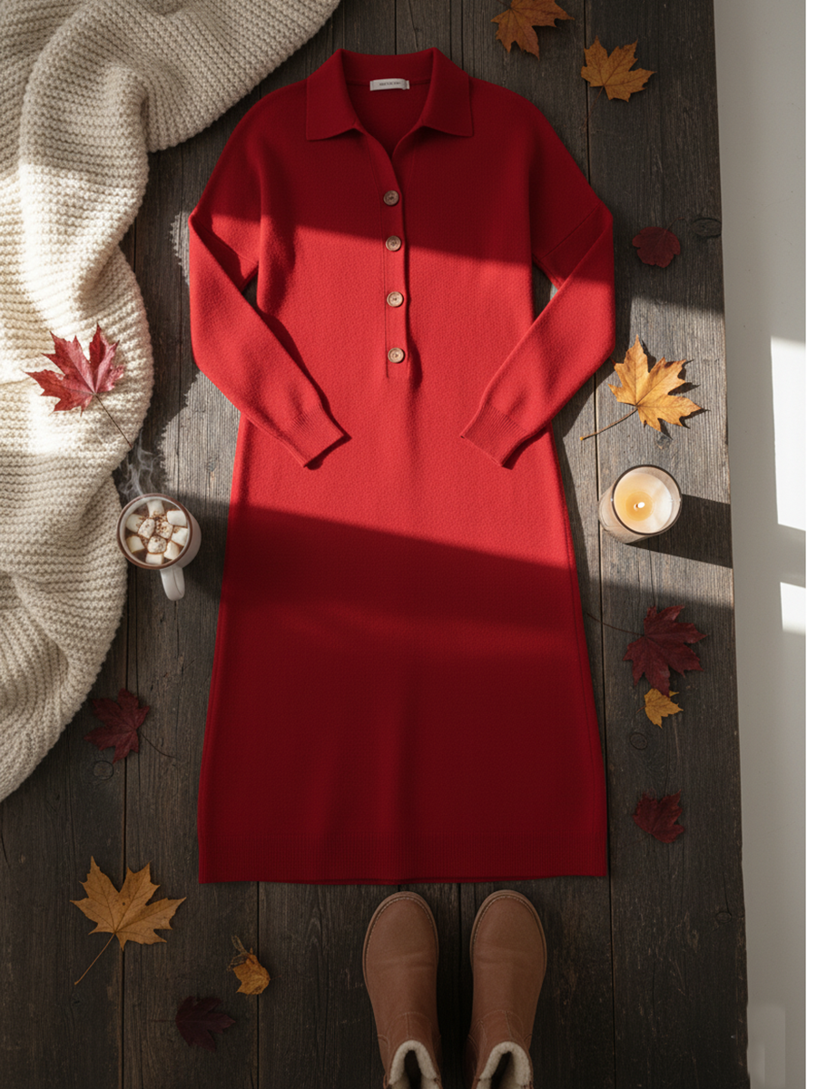 Classic Polo Collar Button Solid Color Knitted Midi Dress