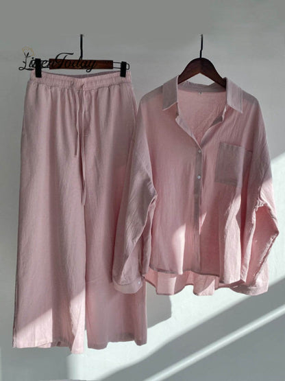 Solid Color Loose Elegant High Waist Casual Cotton and Linen Suit