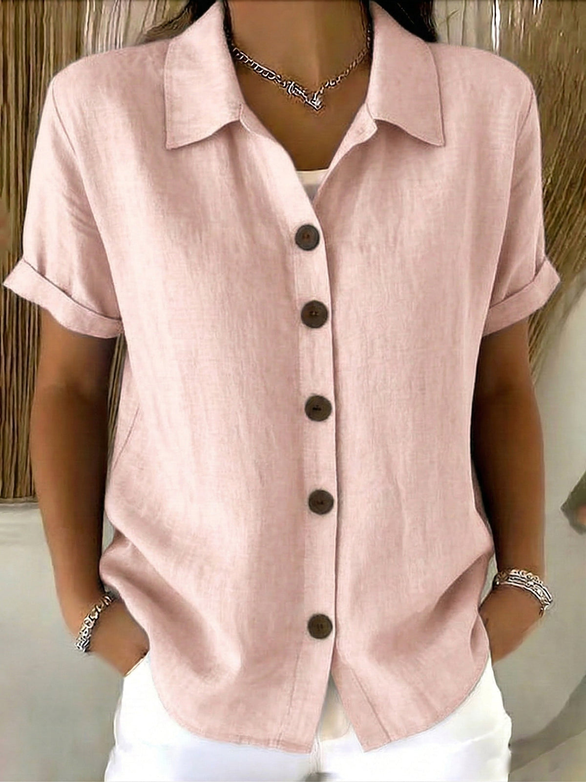 Linen Cotton Cozy Basic Button-Up Shirt with Casual Short-Sleeve Summer Blouse