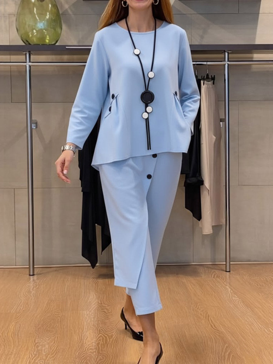 Solid Color Round Neck Long-Sleeve Casual Loose Top and High Waist Casual Loose Wide-Leg Pants Cotton Set