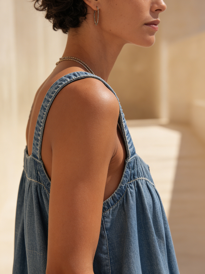 Oversized Lightweight Denim Jumpsuit with Sleeveless Wide-Leg Romper with Frayed Hem