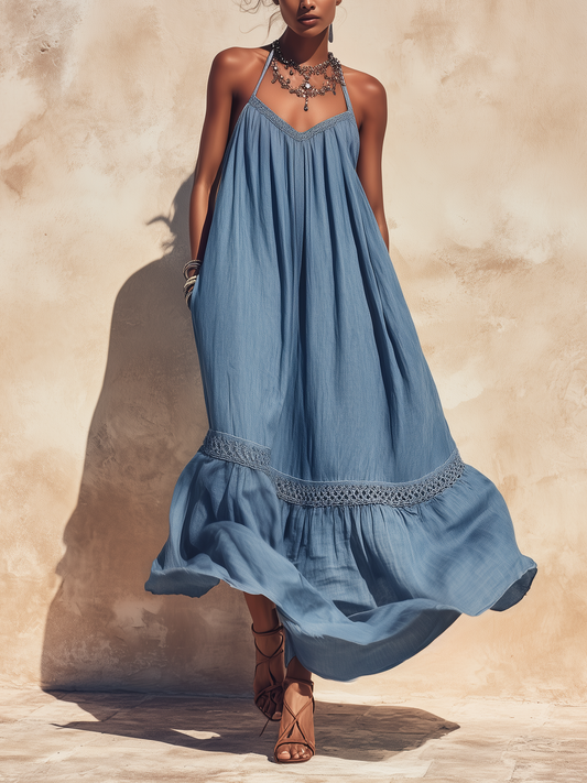 Halter Neck Flowy Maxi Dress with Crochet Trim and Pockets