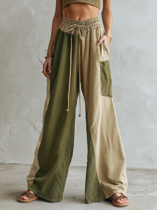 Vintage Colorblock Denim Wide-Leg Pants