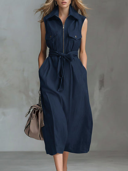 Solid Color Lapel Sleeveless Casual Loose Cotton and Linen Dress