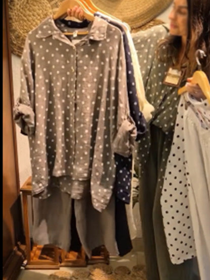 Casual Polka Dot Linen and Cotton Shirt and Trousers Two-Piece Set
