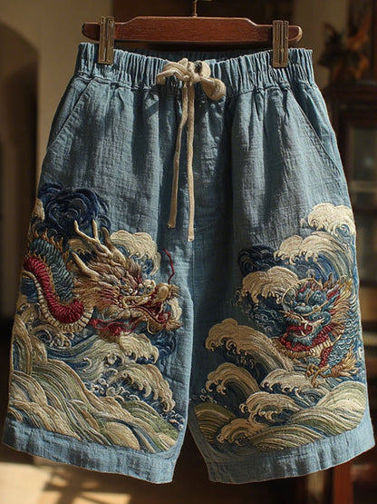 Men's Japanese Dragon Art Linen Casual Shorts