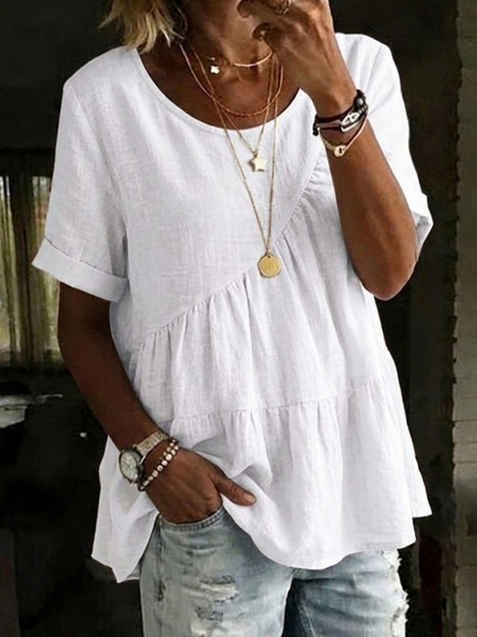 Round Neck Cotton Linen Solid Color Loose Short-Sleeved Shirt with Side Tether