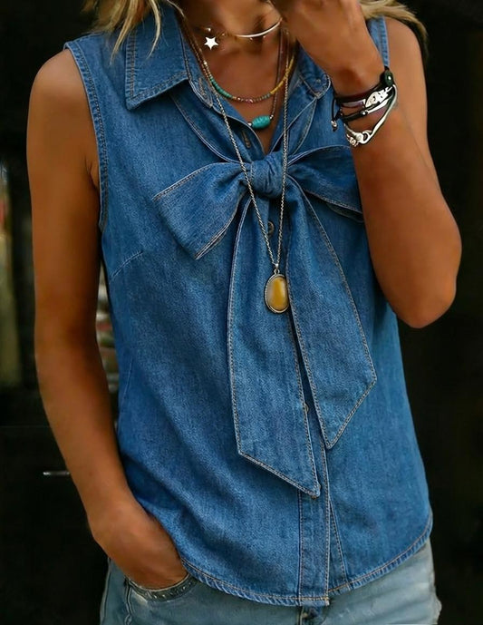 Fashion Sleeveless Denim Top with Bow Tie Neck