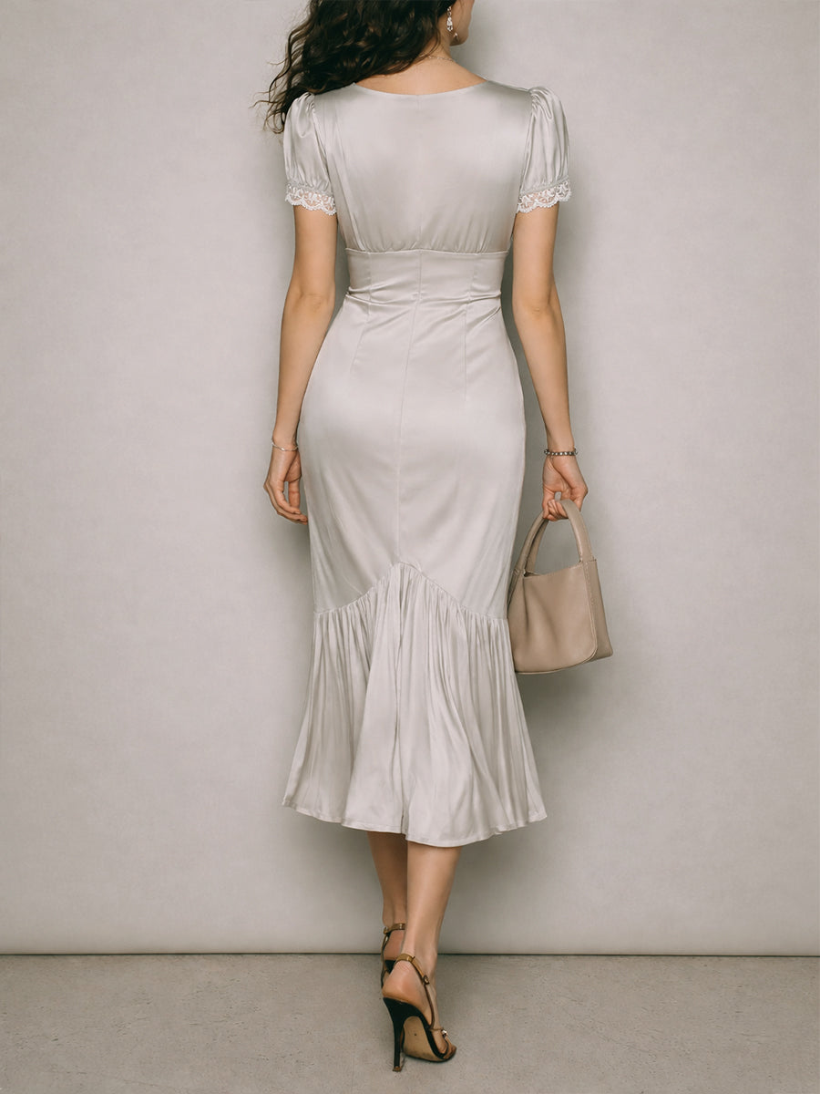 Vintage Satin Mermaid Midi Dress with Lace Trim
