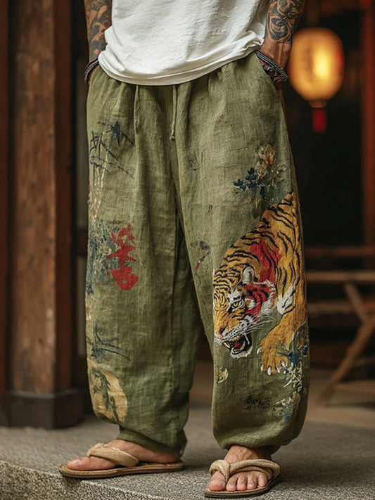 Men's Japanese Tiger Pattern Art Contrast Wide-Leg Linen Pants