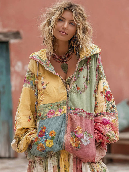 Flower Embroidery Macaroon Color Patchwork Art Casual Zipper Hoodie