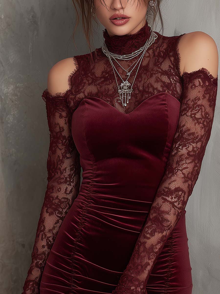 Vintage-Style Cold Sleeves Lace Polyester Velvet Mini Dress