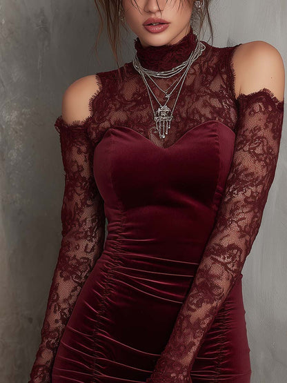 Vintage-Style Cold Sleeves Lace Polyester Velvet Mini Dress