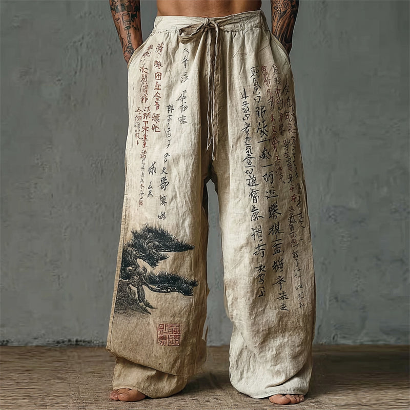 Men's Pine Tree Calligraphy Art Gradient Linen Wide-Leg Pants