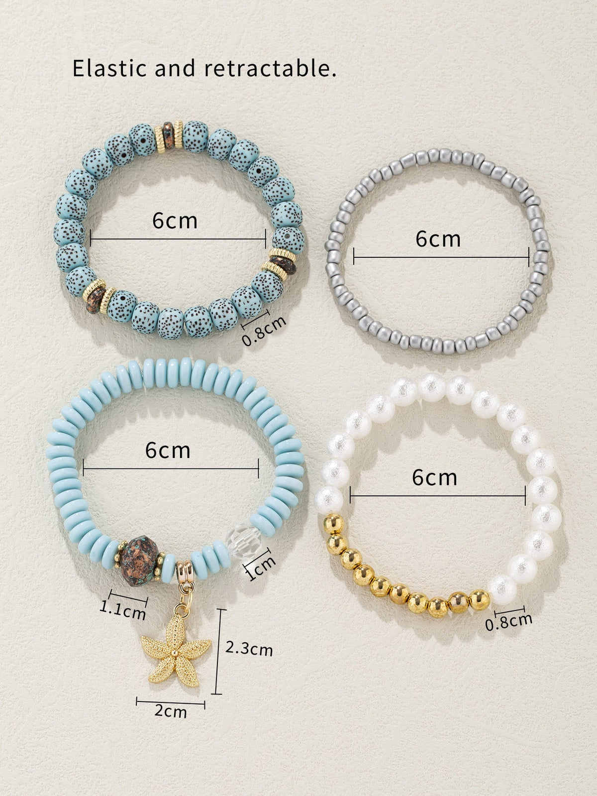 4pcs Starfish Pendant Beaded Bracelet Set Blue Color Hand String Jewelry Set Ocean Style