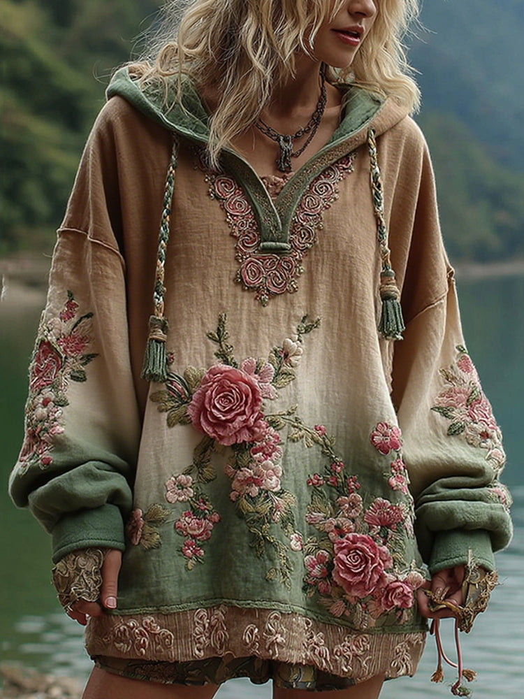 Love and Health Collection Vintage Rose and Floral Art Linen Long-Sleeve Hoodie
