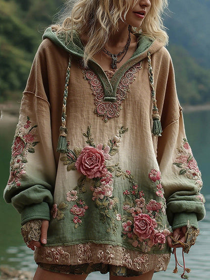Love and Health Collection Vintage Rose and Floral Art Linen Long-Sleeve Hoodie