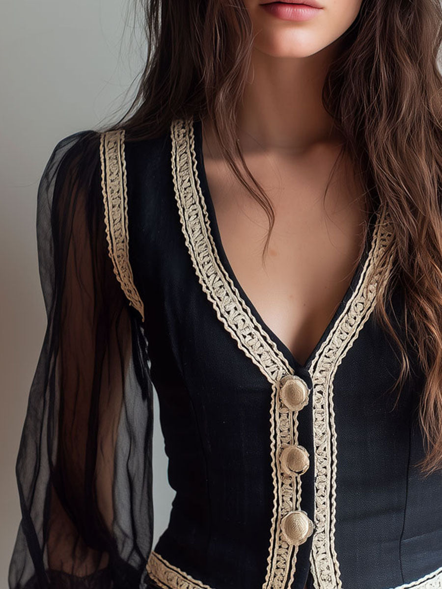 Retro Black Lace Trim Sheer Sleeve Crop Vest Top