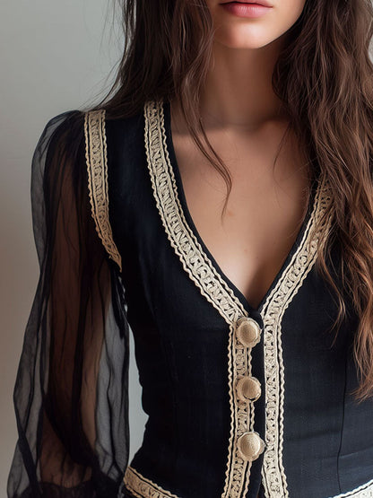 Retro Black Lace Trim Sheer Sleeve Crop Vest Top